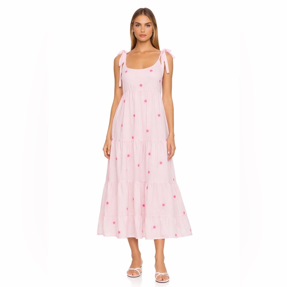 Gussy and Lou Pink Neon Star Maxi Dress – Tie Shoulder Cotton